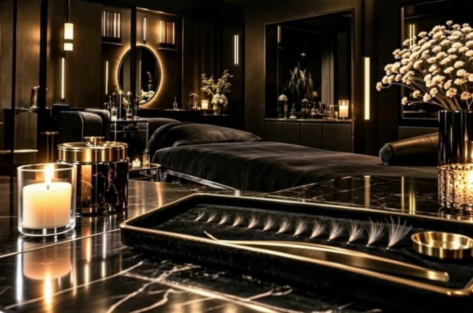 A lash treatment bed under a single warm light, with a gold cart of tools beside it.