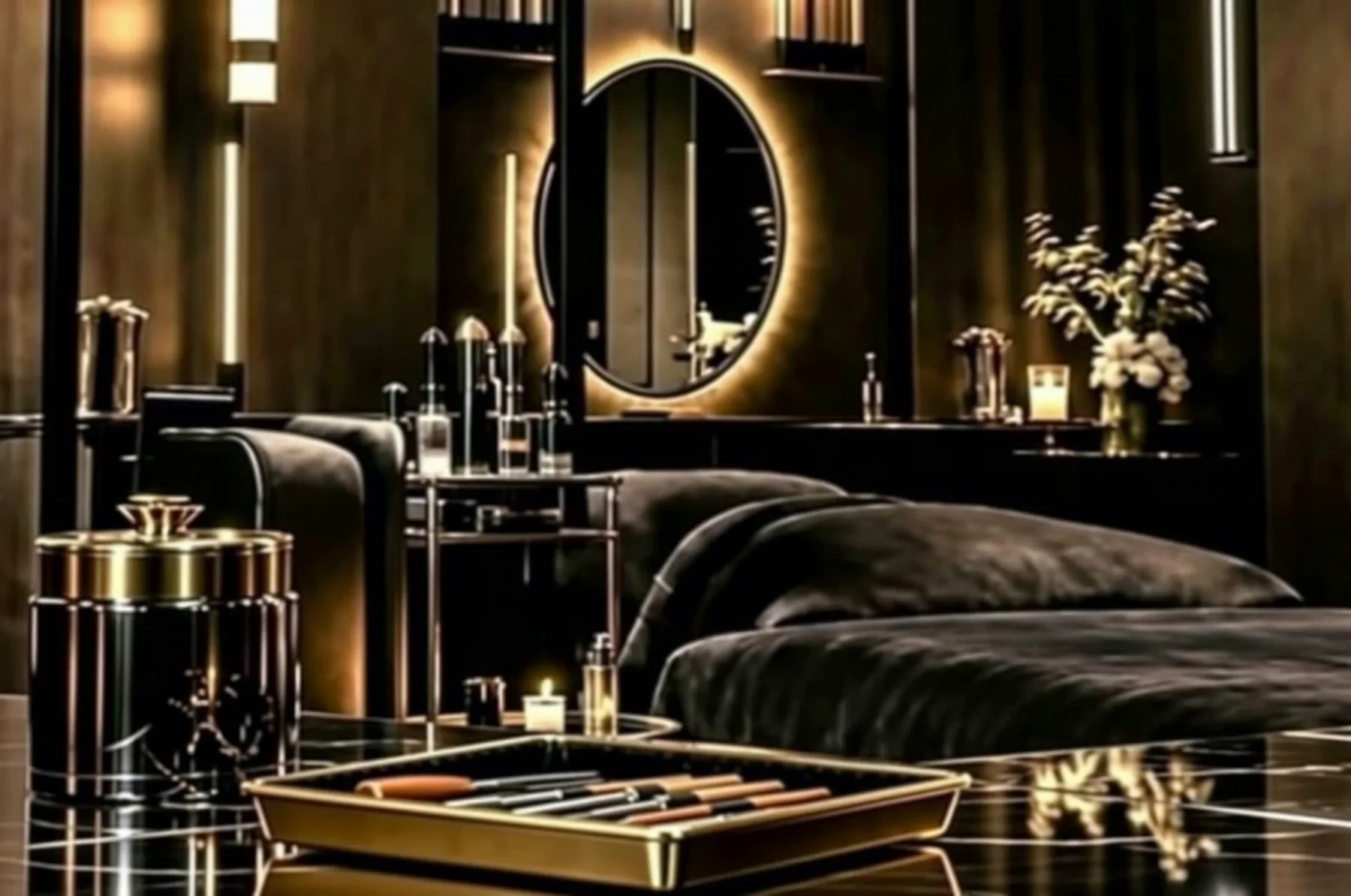 A gold-framed mirror at the end of the studio reflecting the warm candlelit room.