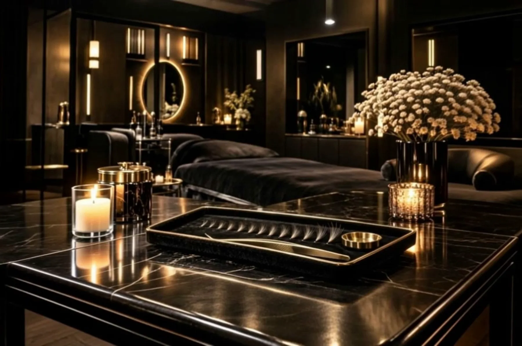 The Luxe Flutter studio: matte black walls, brushed gold sconces and warm low light.
